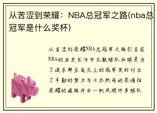 从苦涩到荣耀：NBA总冠军之路(nba总冠军是什么奖杯)