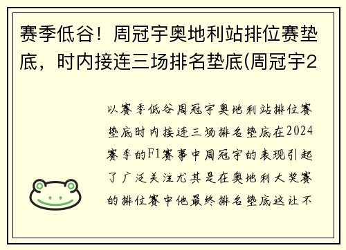 赛季低谷！周冠宇奥地利站排位赛垫底，时内接连三场排名垫底(周冠宇2021)