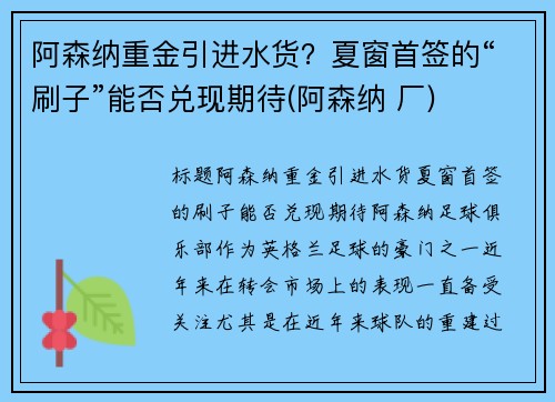 阿森纳重金引进水货？夏窗首签的“刷子”能否兑现期待(阿森纳 厂)