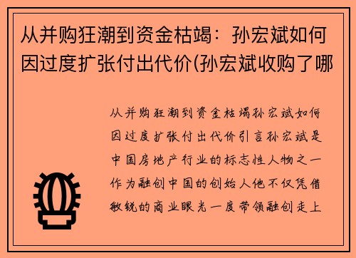 从并购狂潮到资金枯竭：孙宏斌如何因过度扩张付出代价(孙宏斌收购了哪些)