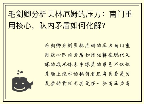 毛剑卿分析贝林厄姆的压力：南门重用核心，队内矛盾如何化解？