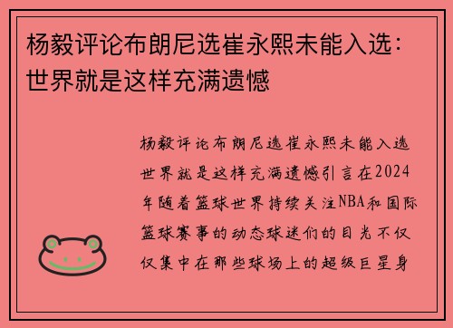 杨毅评论布朗尼选崔永熙未能入选：世界就是这样充满遗憾