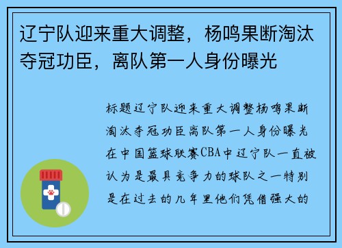辽宁队迎来重大调整，杨鸣果断淘汰夺冠功臣，离队第一人身份曝光