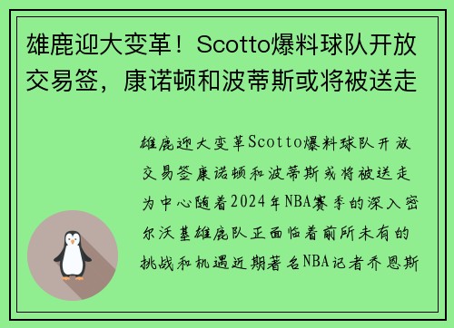 雄鹿迎大变革！Scotto爆料球队开放交易签，康诺顿和波蒂斯或将被送走